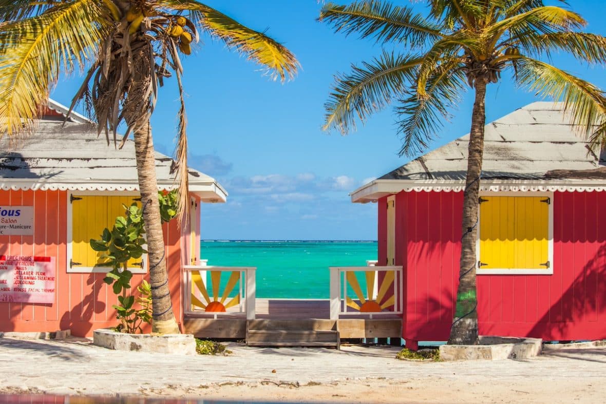 Red and yellow cabanas on the beach in the caribbean 