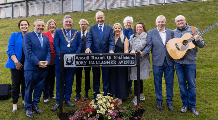 Taoiseach Unveils ‘Rory Gallagher Avenue’ Street Sign at Cork Airport